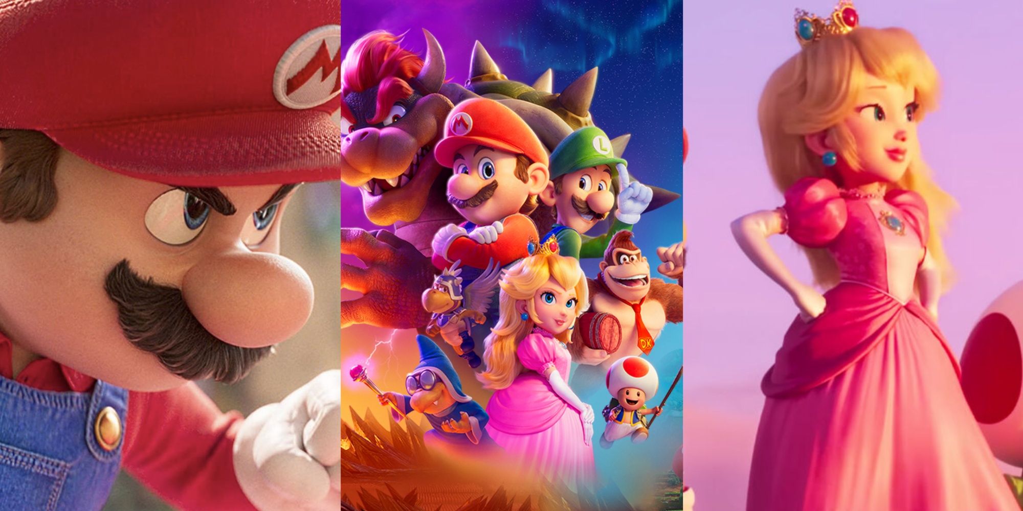 Mario looks determined, a shot of the cast of the Super Mario Bros Movie, and Peach glances off at the sunset