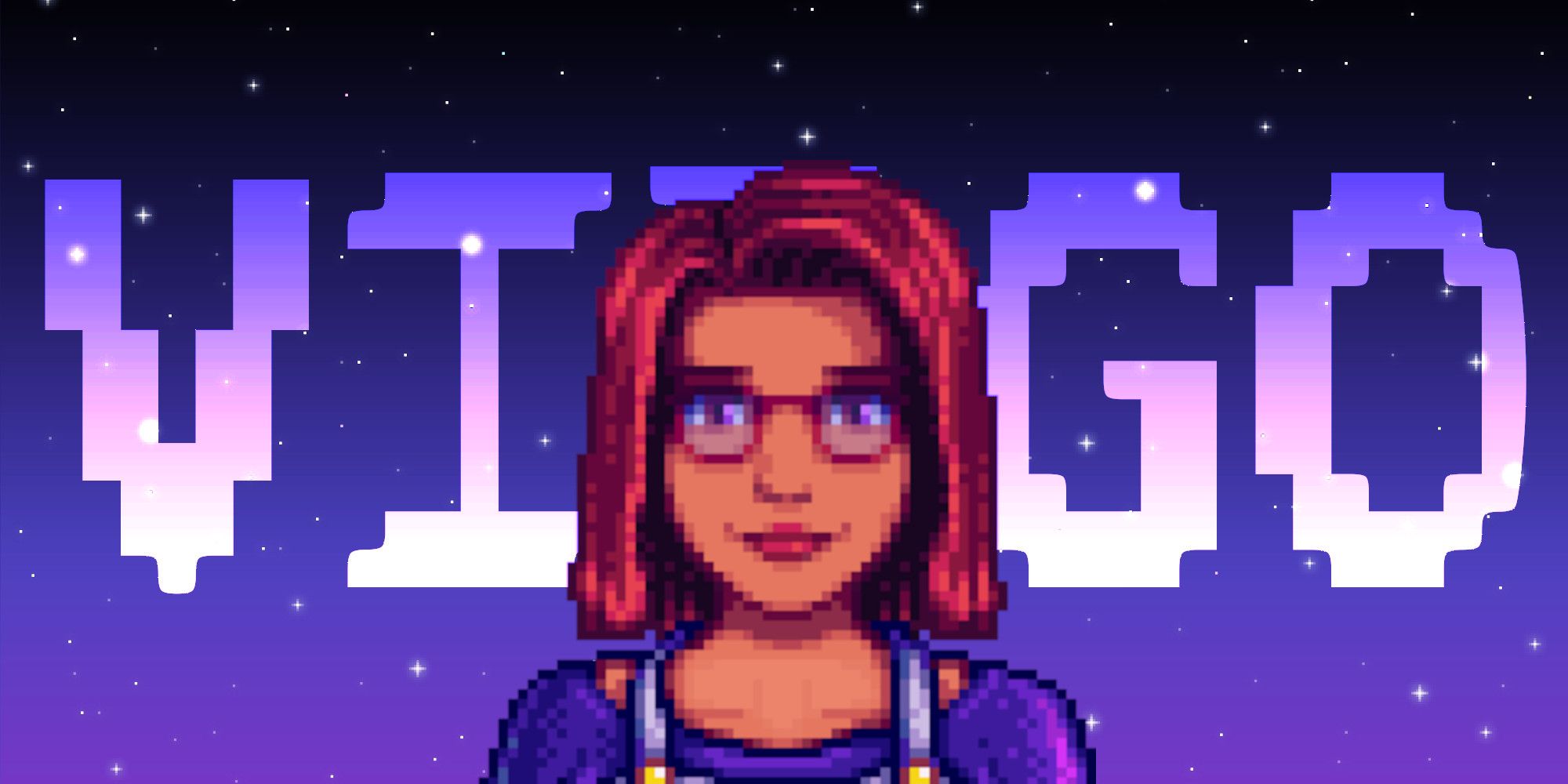 Maru from Stardew Valley in front of a pixel star background and text reading %22Virgo%22