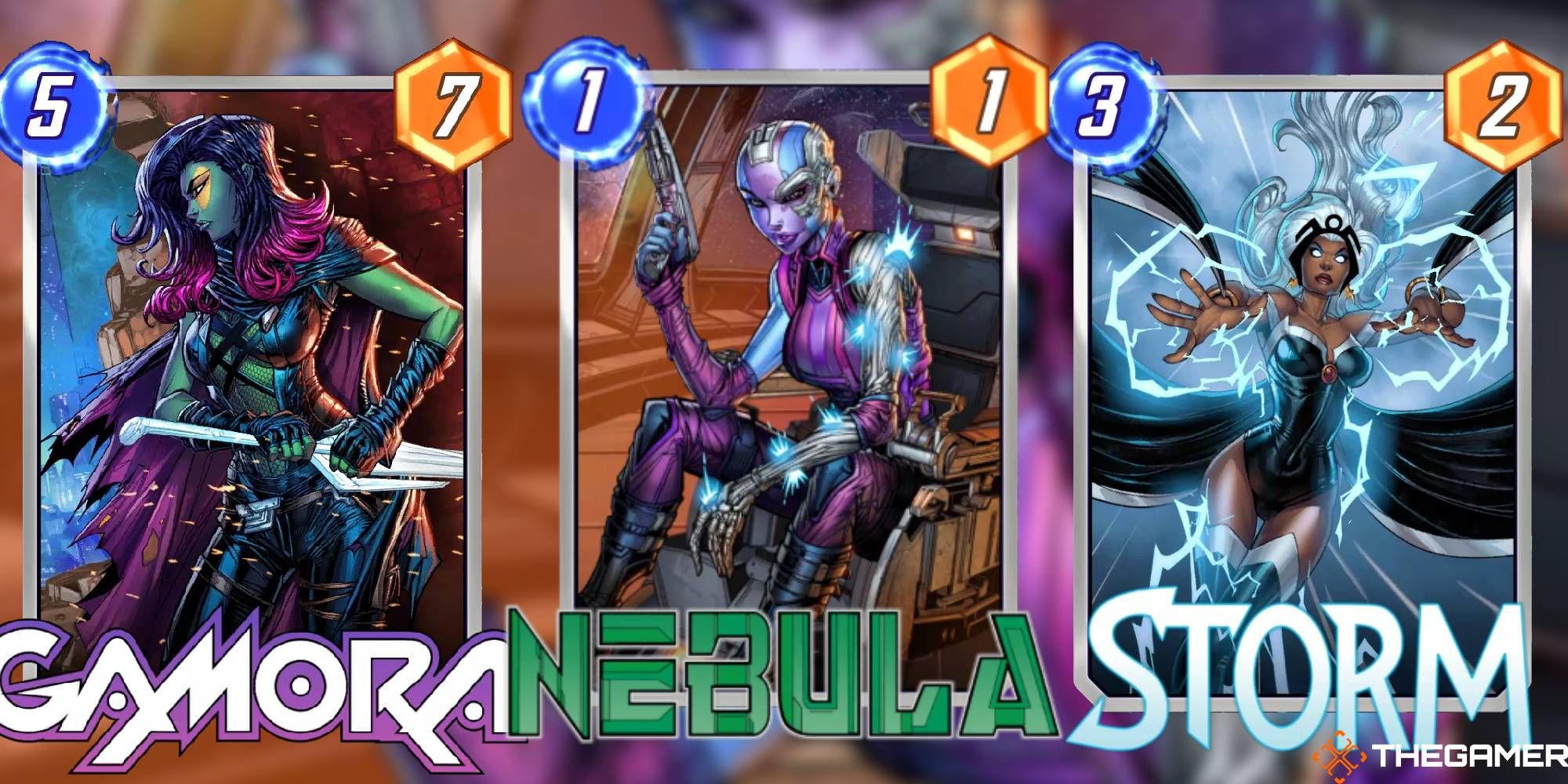 A collage of Marvel Snap Nebula Deck featuring Gamora, Nebula, and Storm.