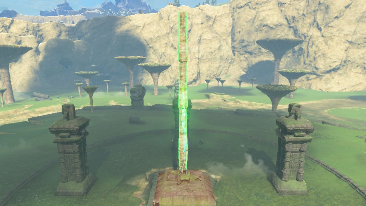 The Legend of Zelda: Tears of the Kingdom - Link stands holding tree trunks to complete the puzzle in the Thundra Plateau