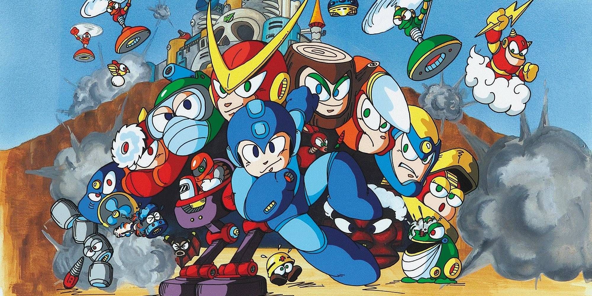 Mega Man poses with various boss characters from the game