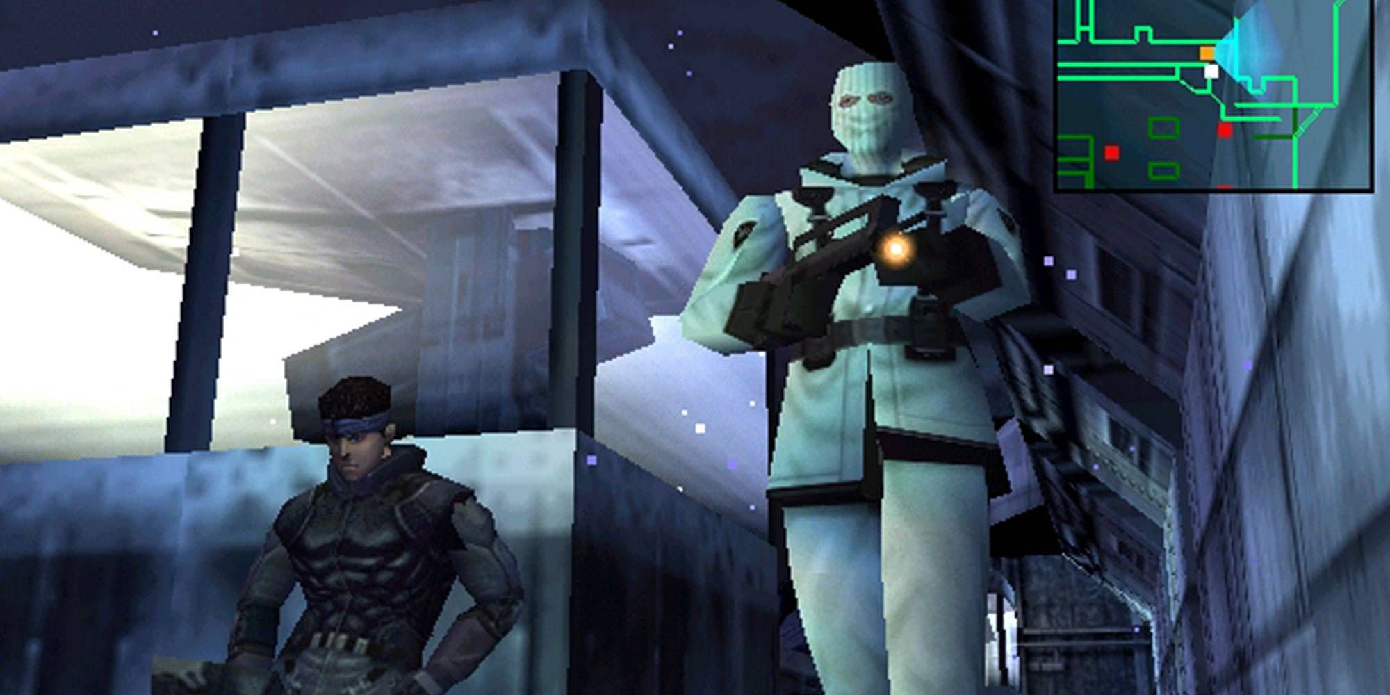 A dark clad figure crouches as a man walks by with a weapon in a snowy environment in Metal Gear Solid 1.