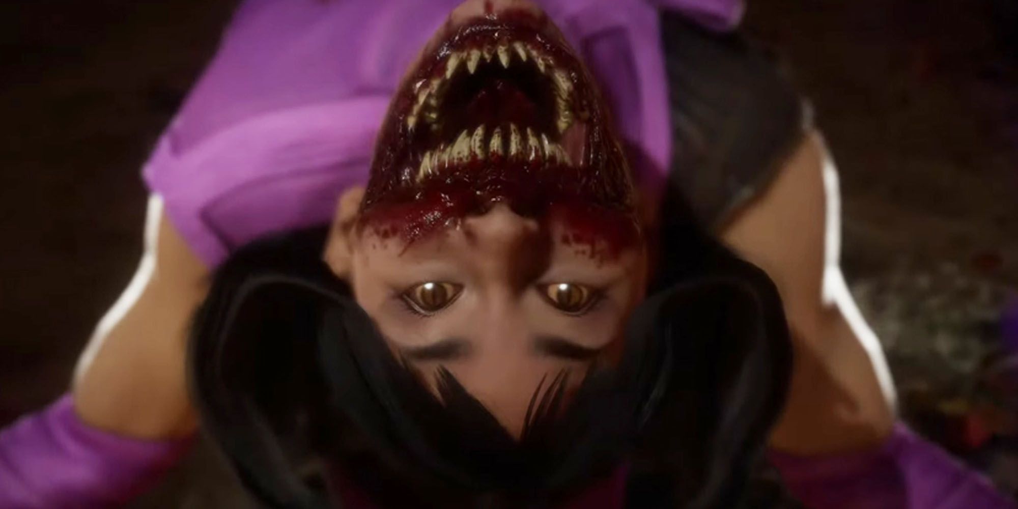 Mileena in Mortal Kombat 11 bending backwards toward the camera, showing her mouth covered in blood with spiked teeth