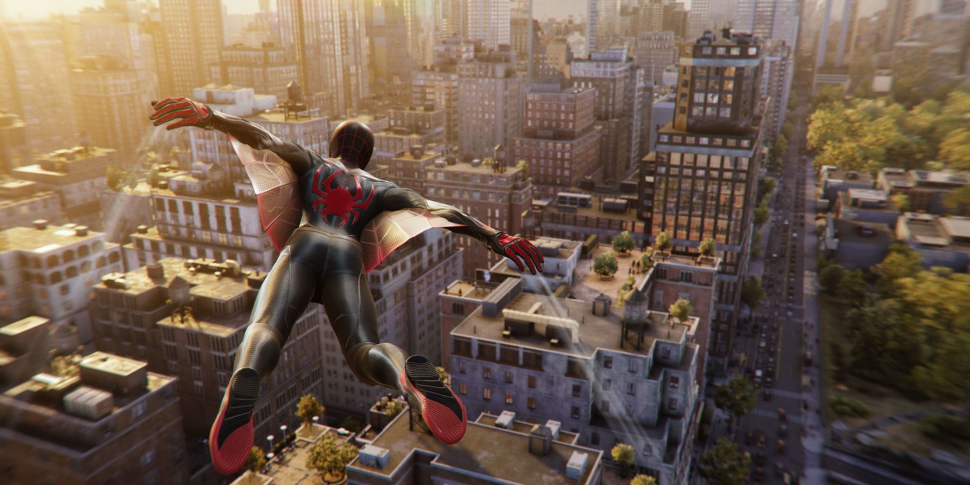 Miles gliding over New York in Marvel's Spider-Man 2
