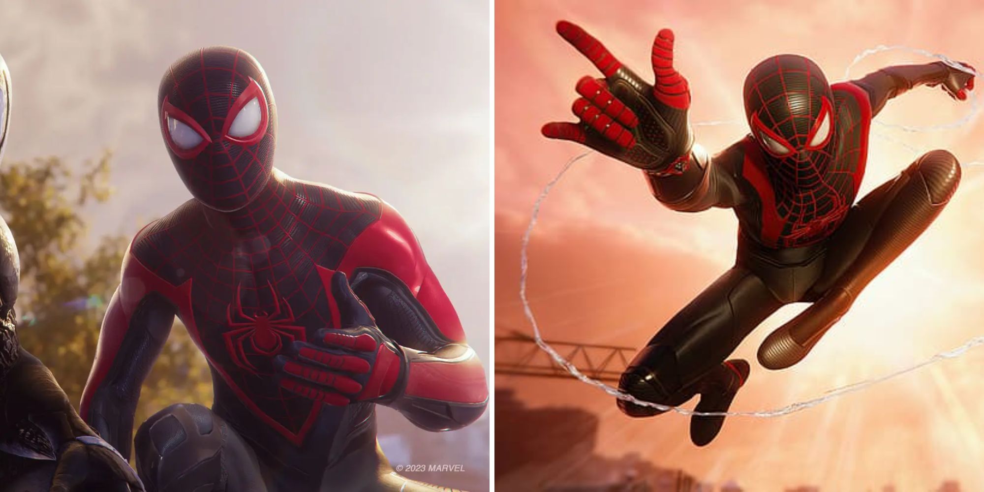 Comparison of Miles' new suit in Spider-Man 2.
