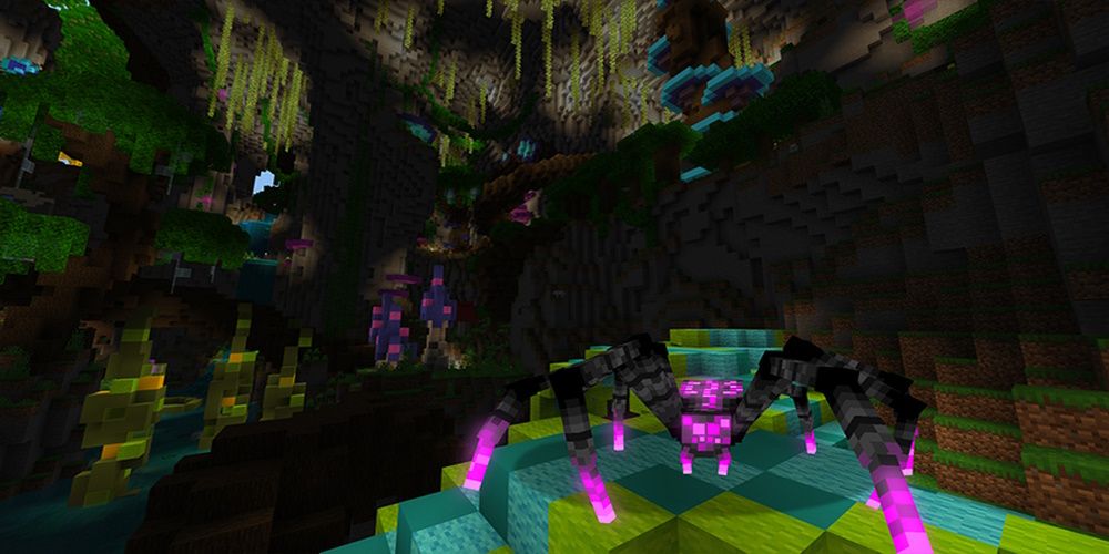 Minecraft Alien Forest Survival Spawn - screenshot of the cave and alien spider