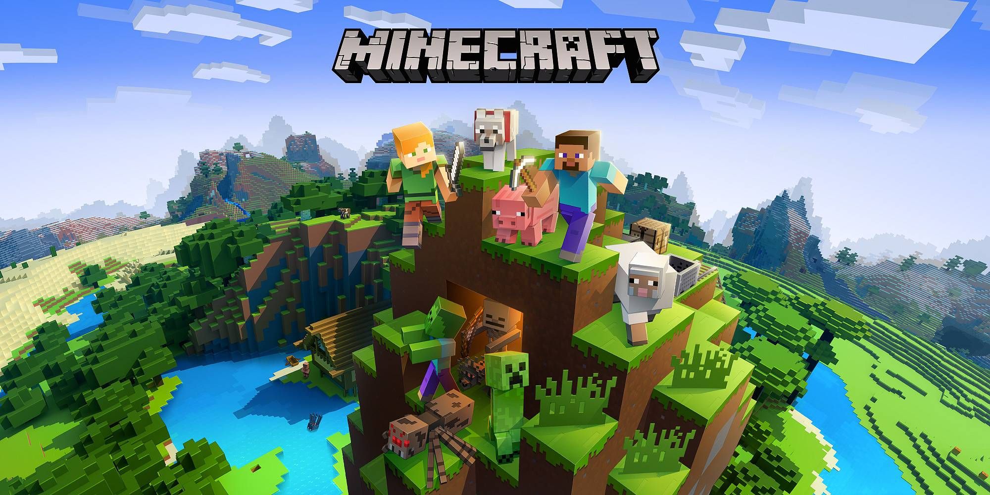 A poster for Minecraft featuring a blocky tower of dirt and different mobs