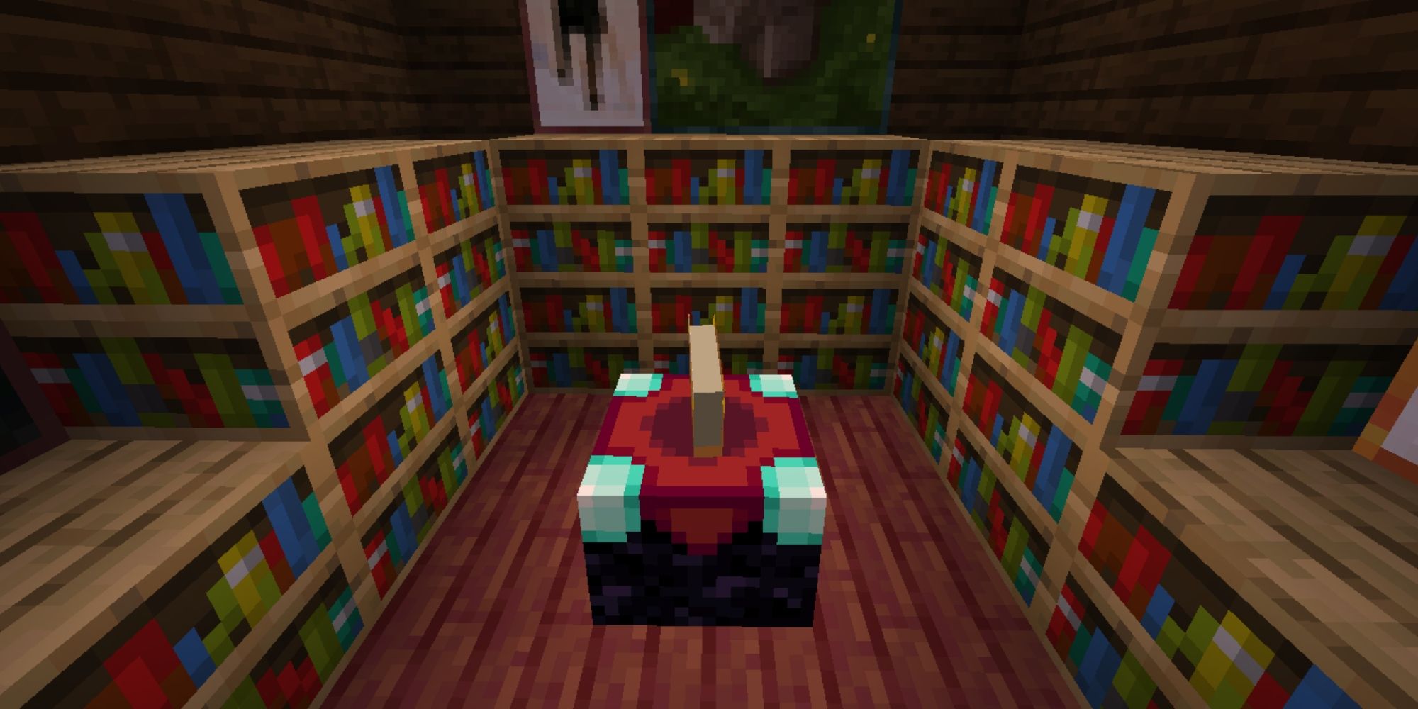 Minecraft Enchanting Table in a small room surrounded by bookshelves