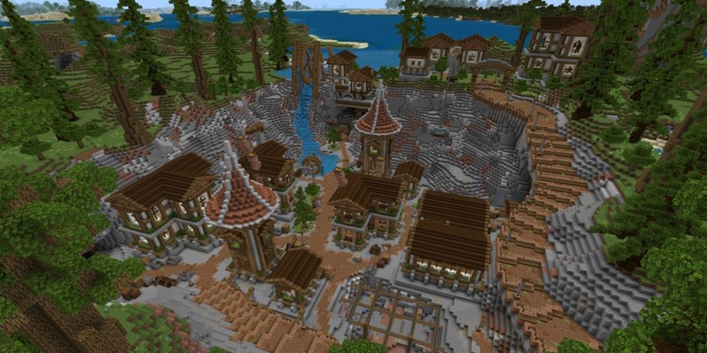 Minecraft Miner Town Survival Spawn Vue Aérienne De La Ponte
