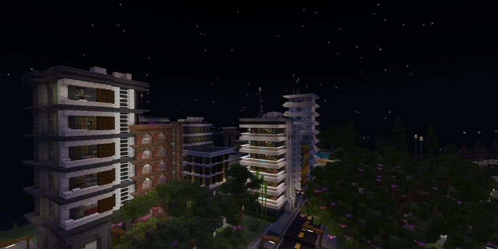 Minecraft Modern Stadium City Survival Spawn nighttime side view of the city