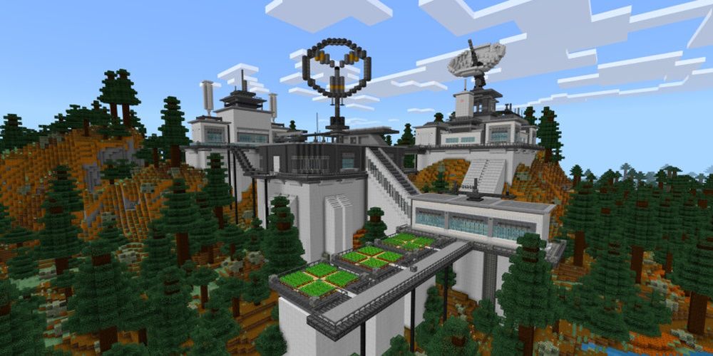 Minecraft Taiga Tree SciFi Base Survival Spawn side shot of the base