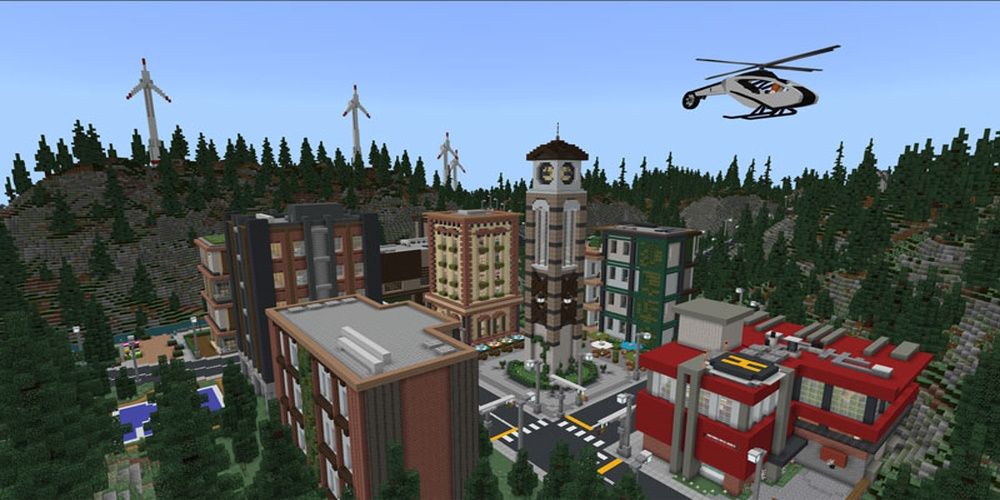 Minecraft Woodland City Survival Spawn - Vue De La Ville Avec Un Hélicoptère Survolant