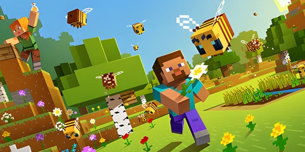 Minecraft game cover showing Steve holding a flower to a bee