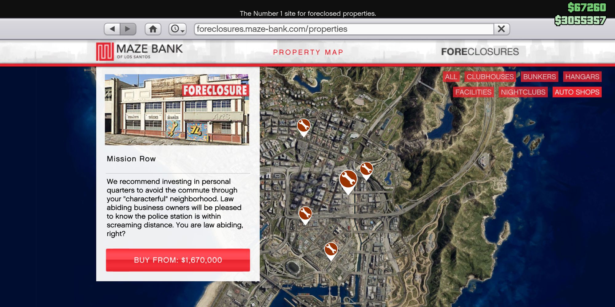 Image depicts a screenshot taken from Maze Bank Foreclosures in Grand Theft Auto Online, showing the location and price of the Mission Row Auto Shop. On the left is a white box showing what the location looks like, with the text 'Buy From $1,670,000' in a red box underneath.