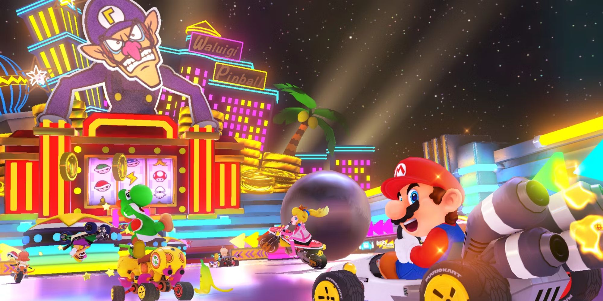 Mario driving a car through a circuit that shows a giant Waluigi decoration in Mario Kart 8 Deluxe.