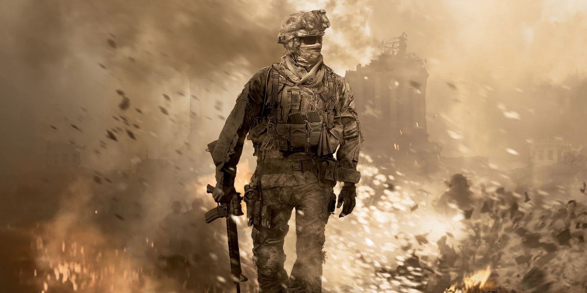 A soldier in beige camo walking away from destroyed buildings