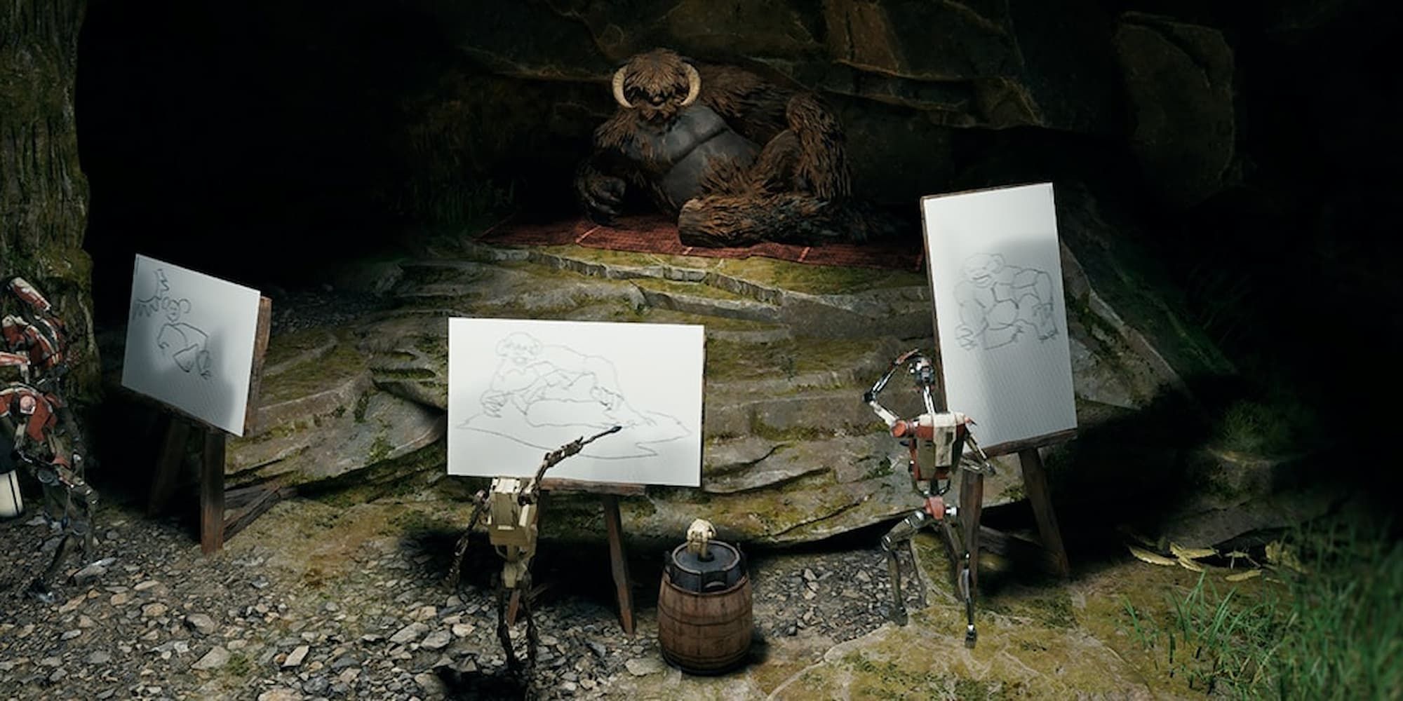 A Mogu poses while B1 Droids draw it in Star Wars Jedi: Survivor.