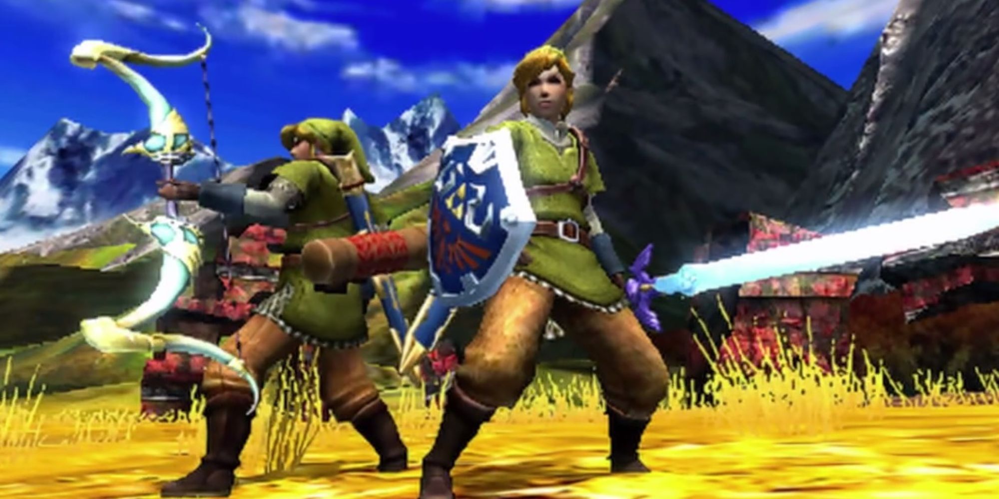 Two Hunters wield the Master Sword and Sacred Bow while wearing Link outfits