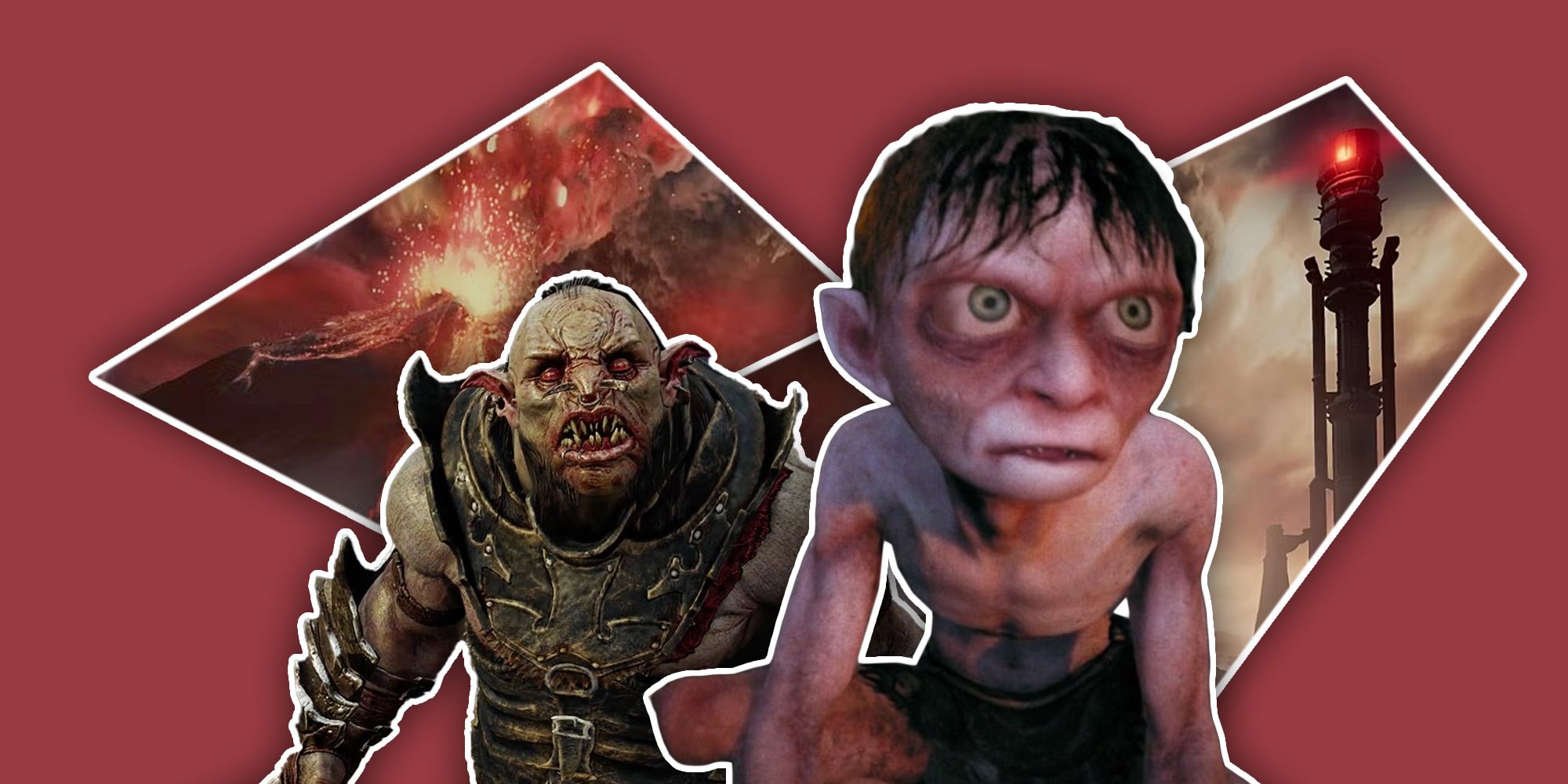 An orc and Gollum against a backdrop with images of Mordor