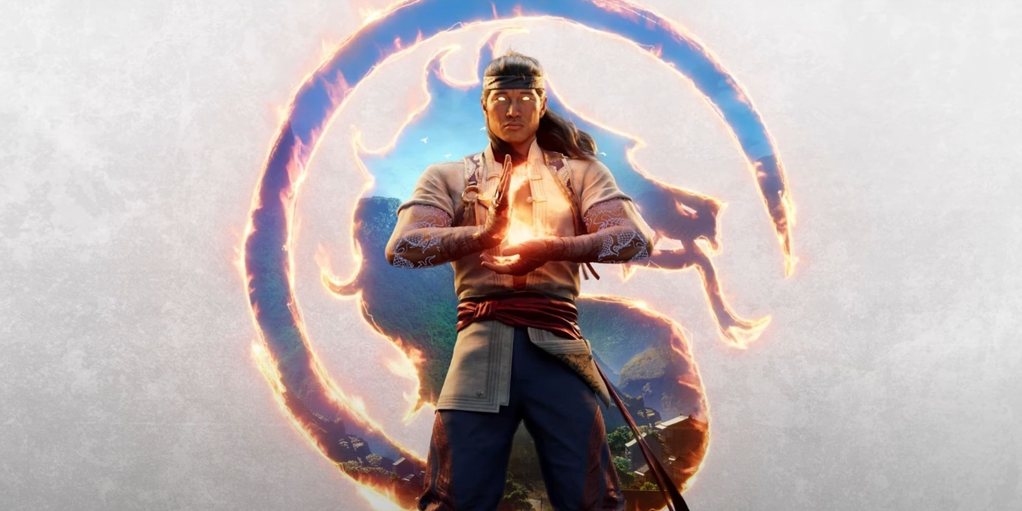 Mortal Kombat 1 Fire God Liu Kang standing over the new logo, now burning