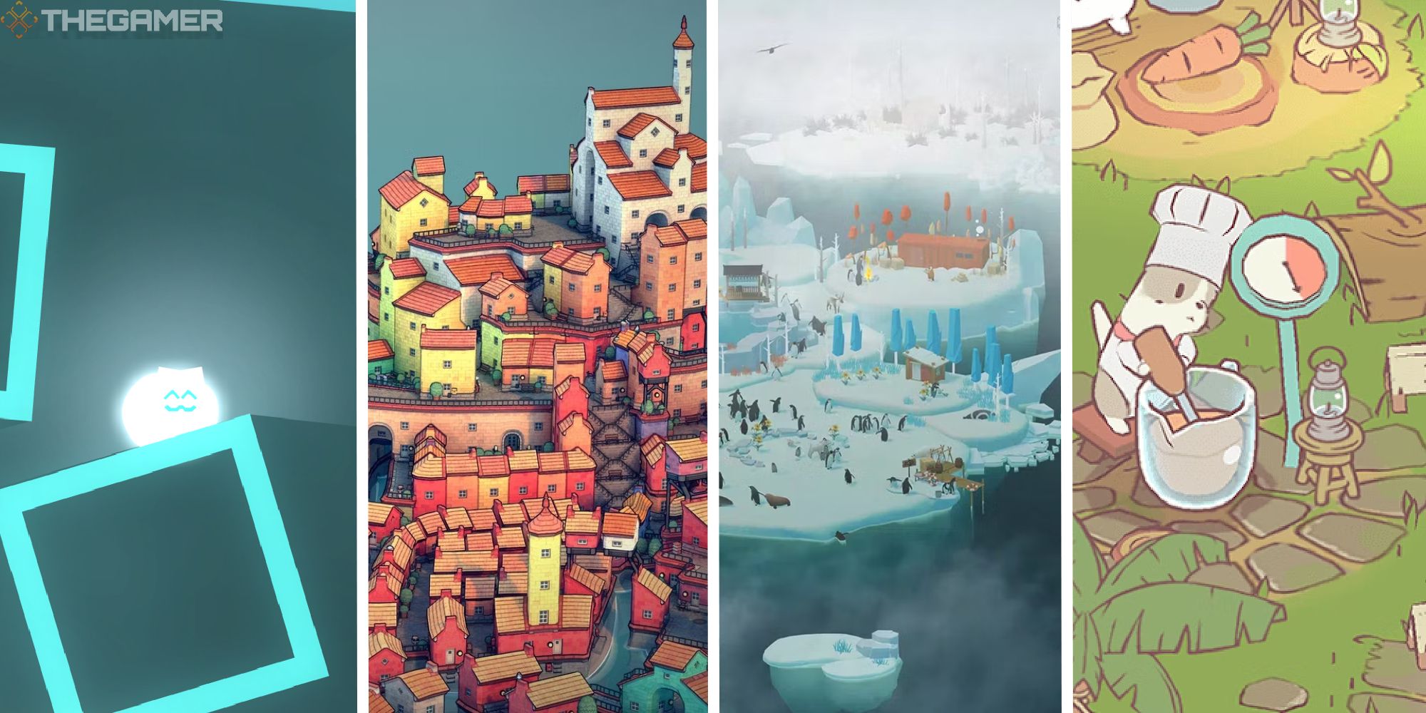 split image showing cats are liquid, townscapers, Penguin Isle, and cats and soup