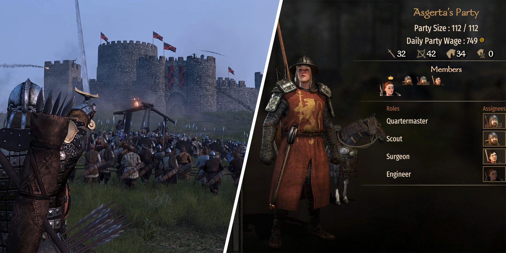 Split image of a siege battle and the party management page in Mount & Blade 2 Bannerlord.