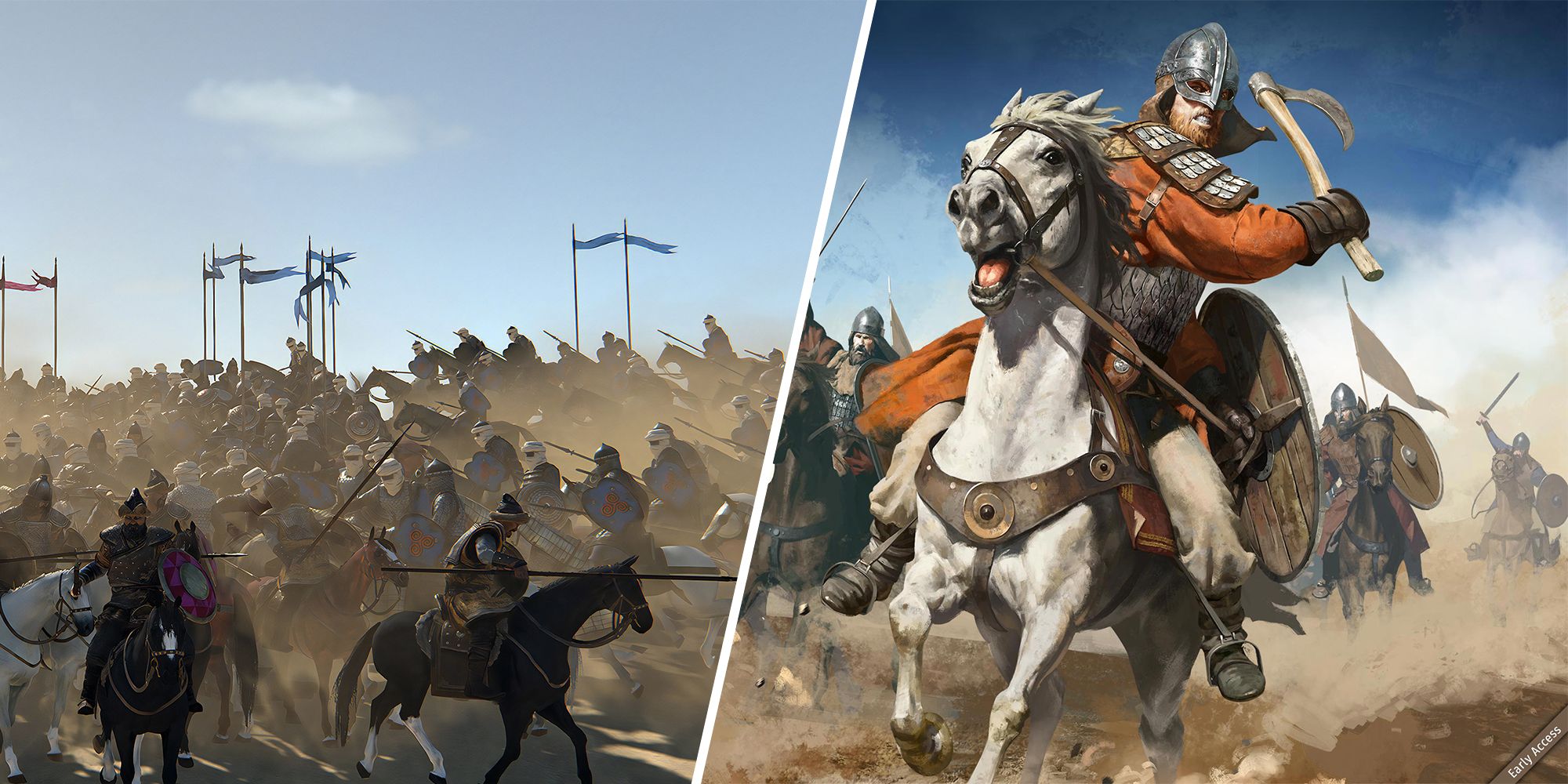 Split image of a horseman in Nordic attire, and large groups of cavalry fighting in the desert