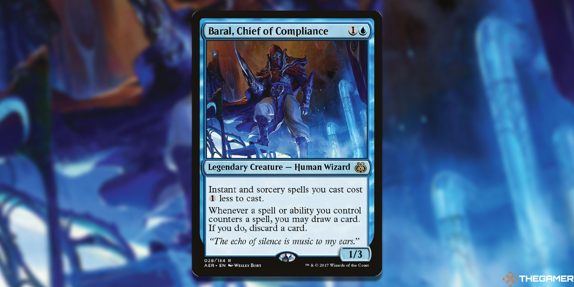Image of the Baral, Chief of Compliance card in Magic: The Gathering, with art by Wesley Burt