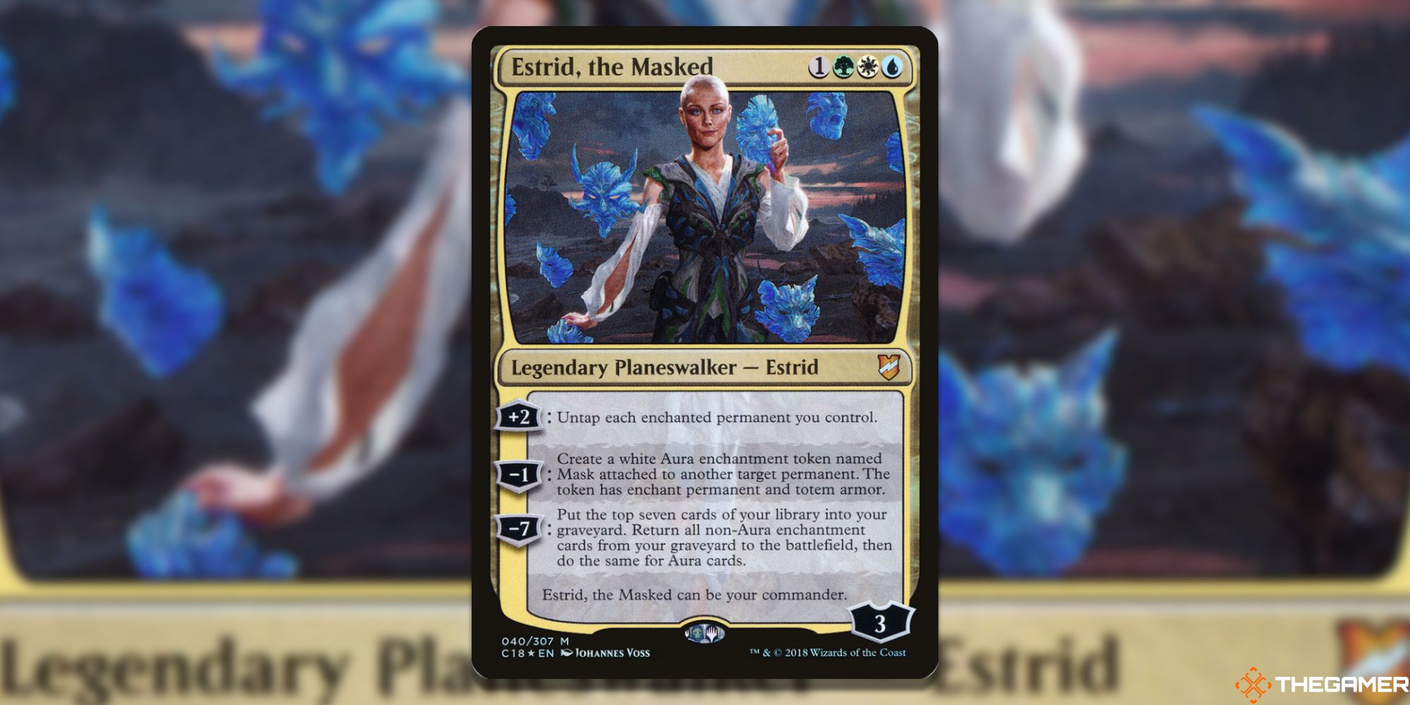 Image of the Estrid the Masked card in Magic: The Gathering, with art by Johannes Voss