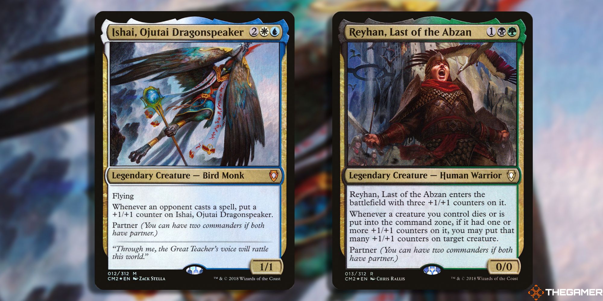 Image of Ishai, Ojutai Dragonspeaker, and Reyhan, Last of the Abzan cards in Magic: The Gathering, with artwork by Zack Stella and Chris Rallis