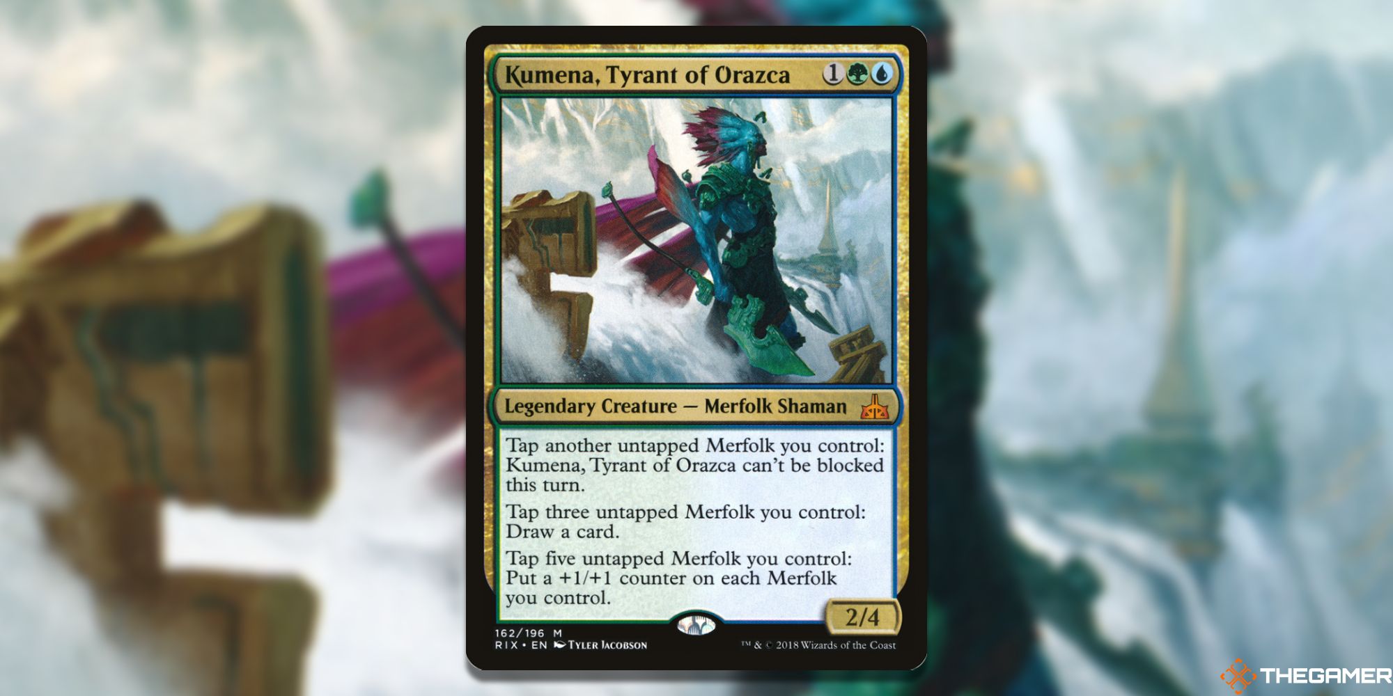Image of the Kumena, Tyrant of Orazca  card in Magic: The Gathering, with art by Tyler Jacobson