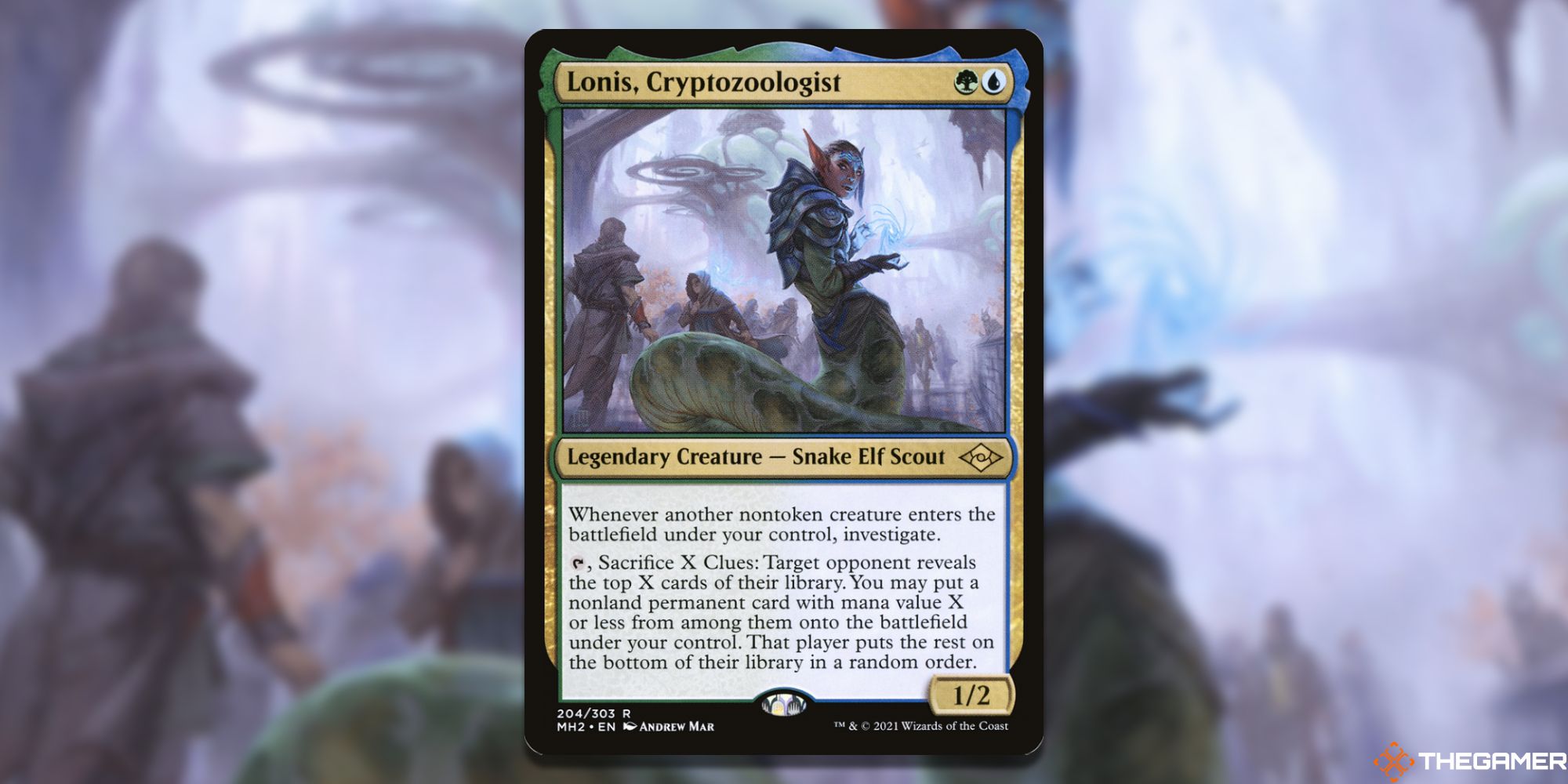 Image of the Lonis, Cryptozoologist card in Magic: The Gathering, with art by Andrew Mar