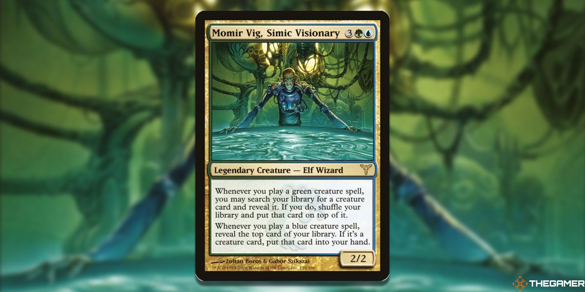Image of the Momir Vig, Simic Visionary card in Magic: The Gathering, with art by Zoltan Boros & Gabor Szikszai