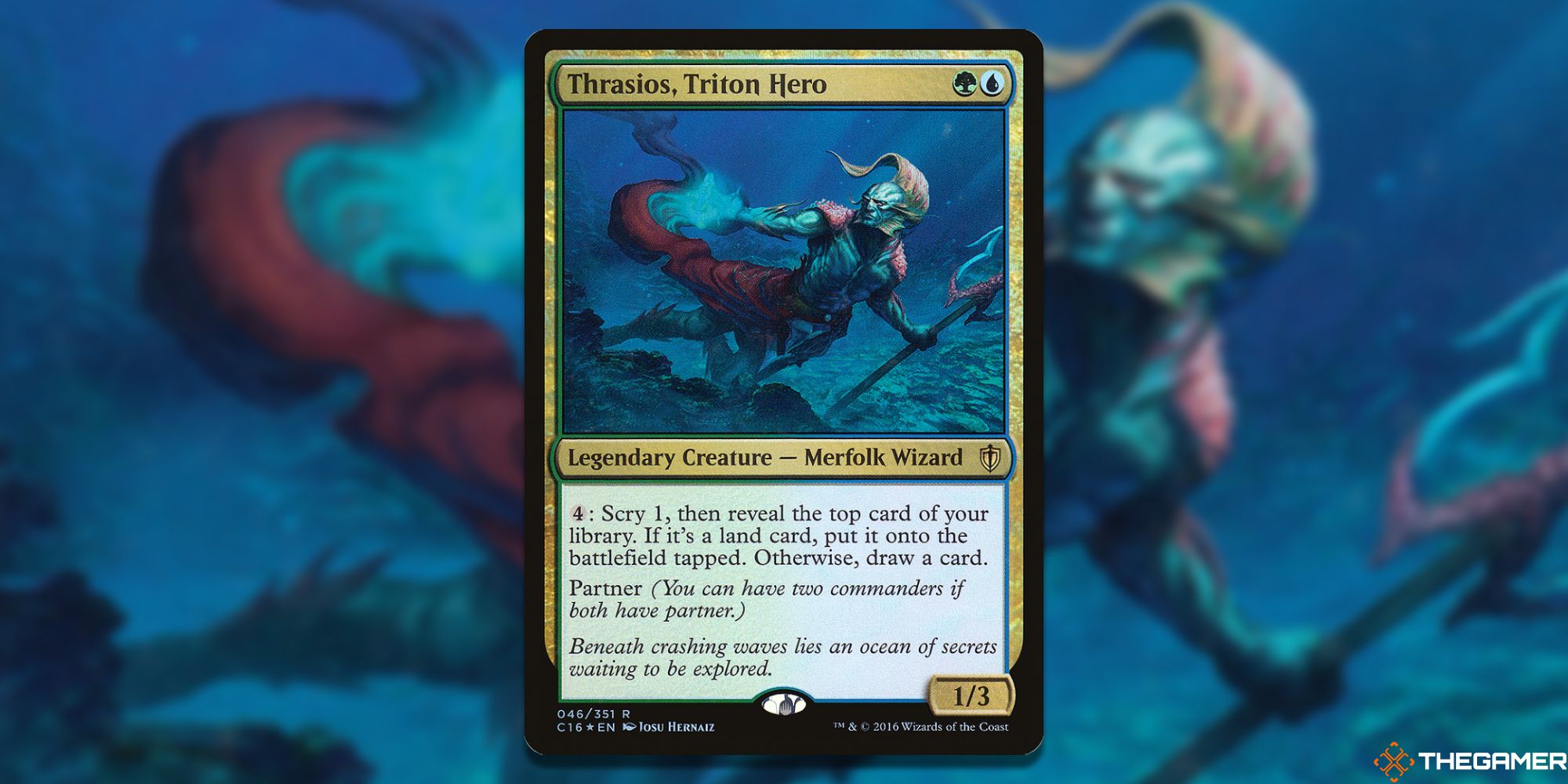 Image of the Thrasios, Triton Hero card in Magic: The Gathering, with art by Josu Hernaiz