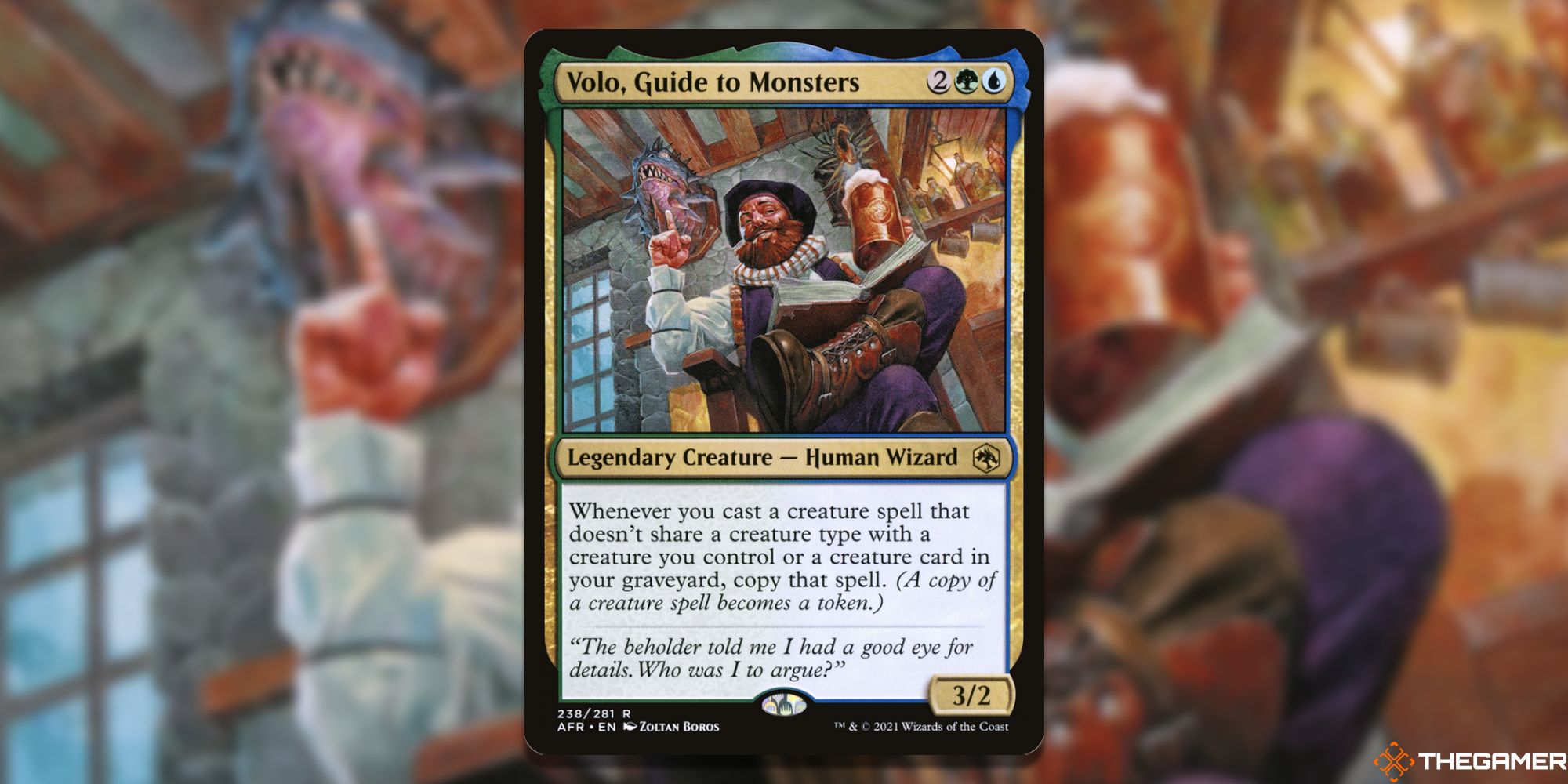 Image of the Volo, Guide to Monsters card in Magic: The Gathering, with art by Zoltan Boros