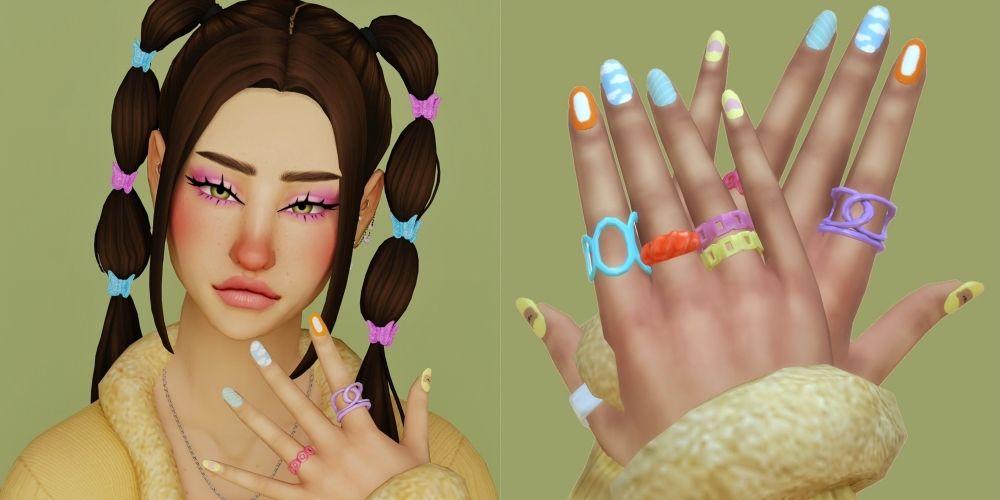 A sim showing off his differently painted nails next to two nearby hands with nails painted in different colors and patterns