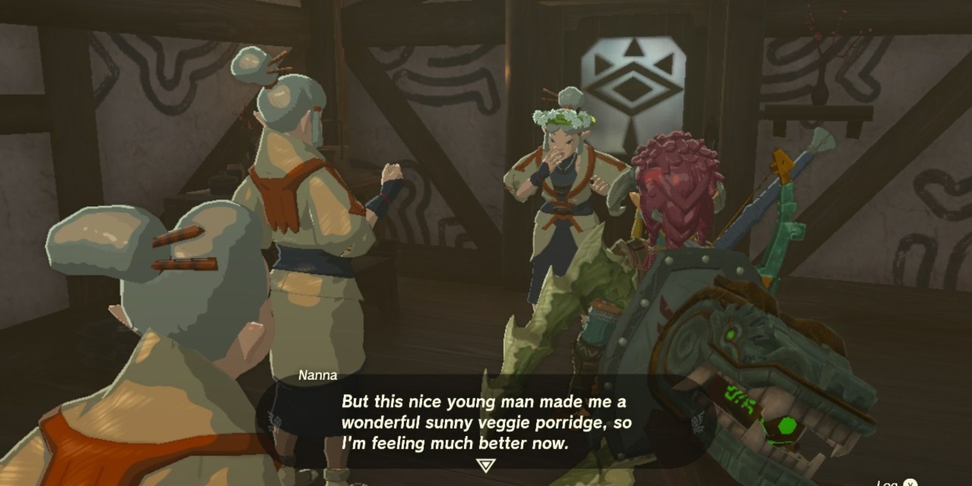 Nanna telling Lasli, Claree, and Link that she feels better in Tears of the Kingdom