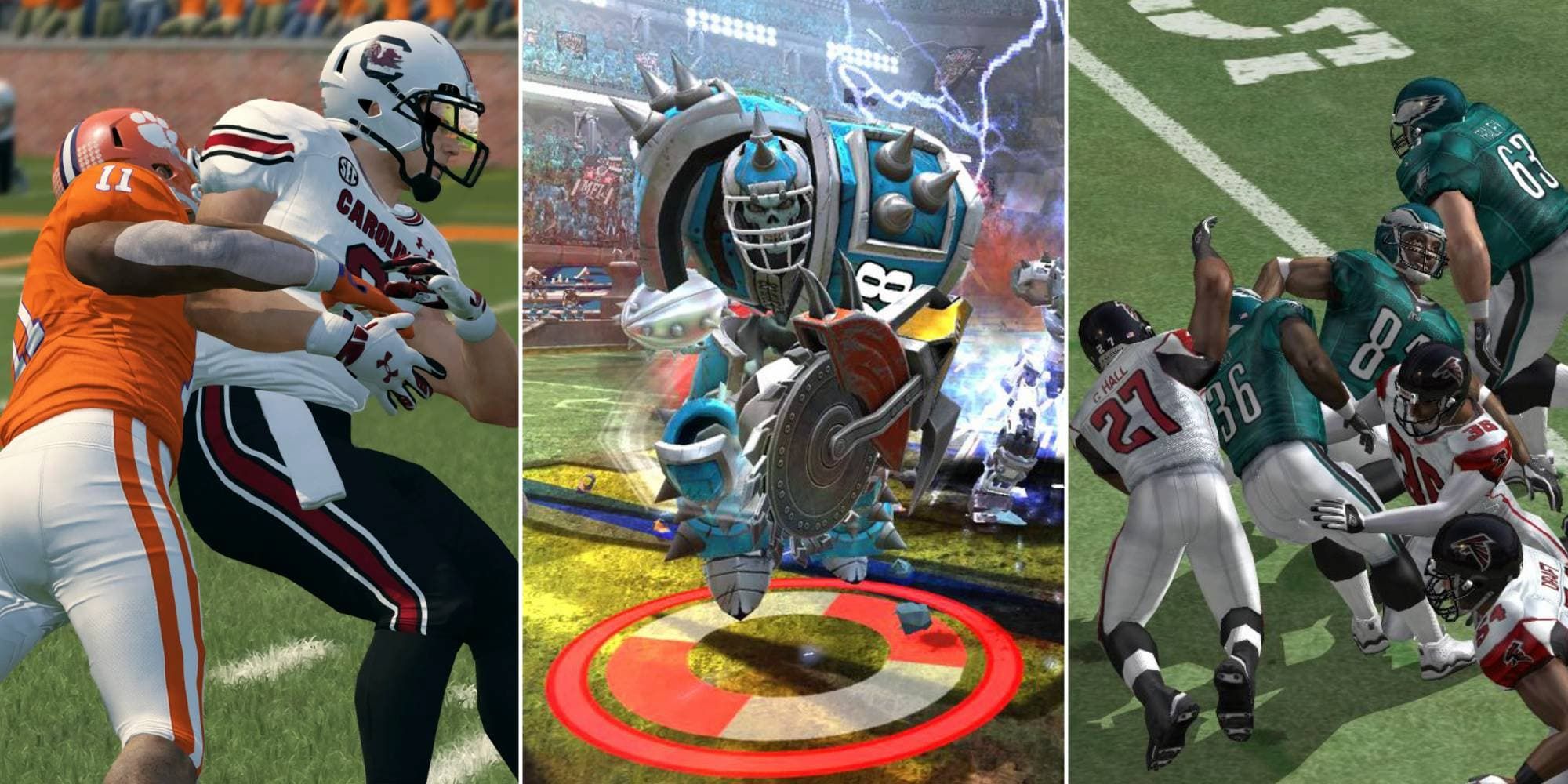 A player tackles the quarterback in NCAA Football 14, a Mutant scores a touchdown in Mutant Football League, and several players collide in Madden 2005.