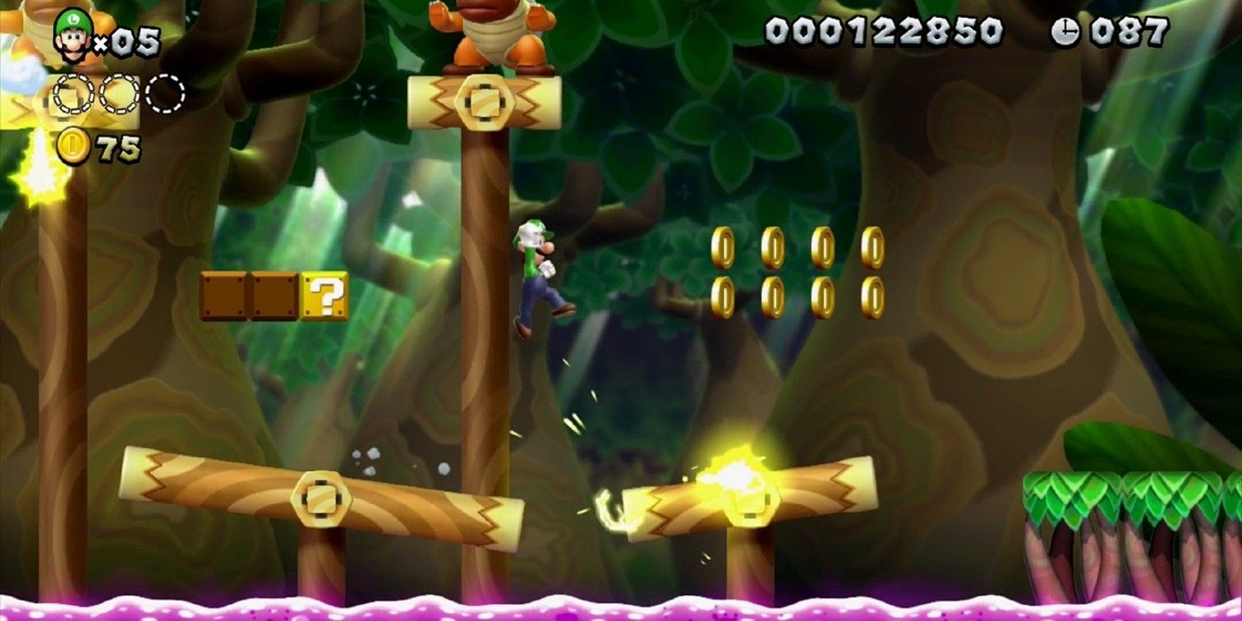 New Super Luigi U Luigi hopping between teetering platforms under koopa in poison lake