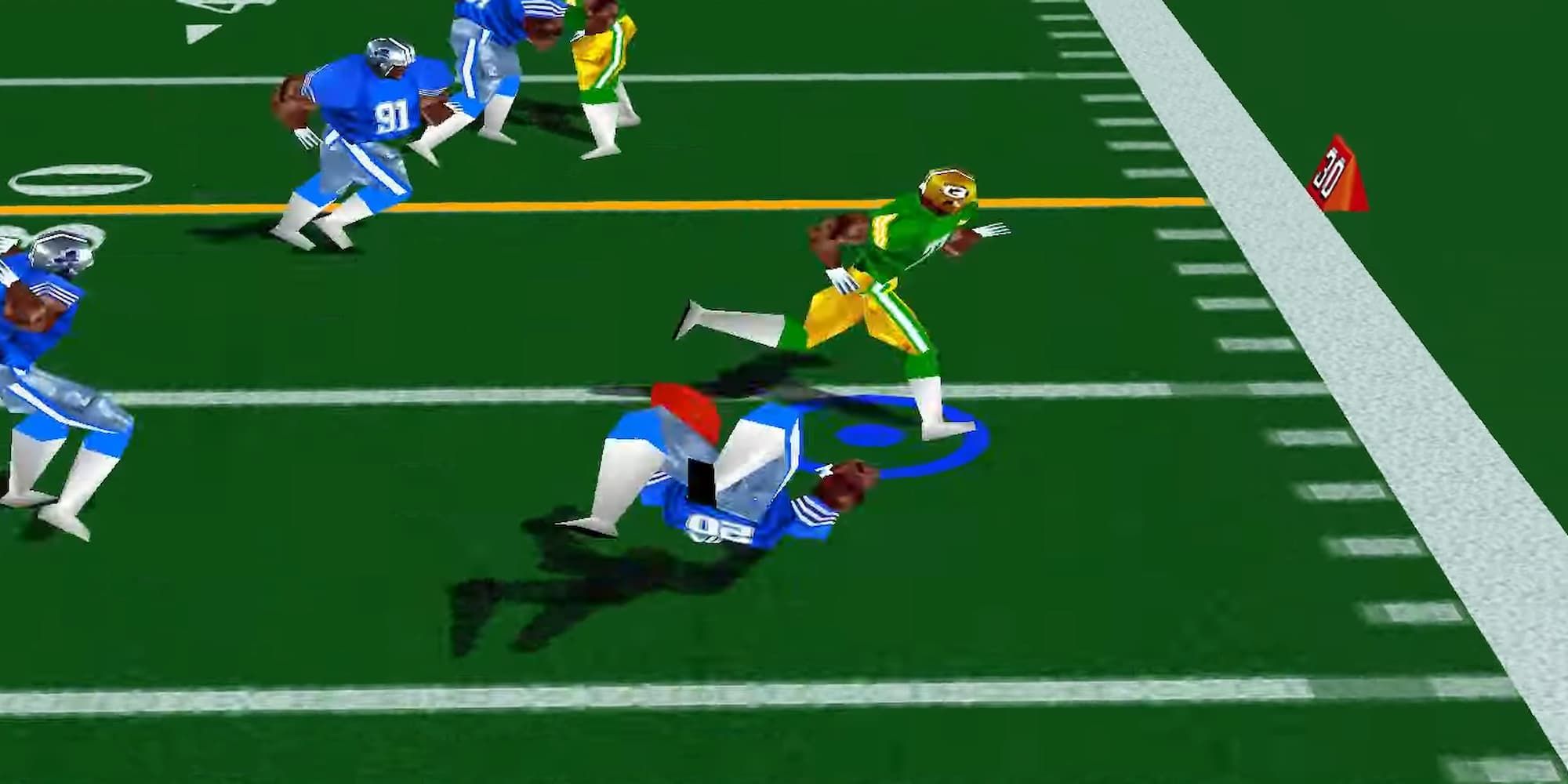 A Detroit Lions player was sent flying after a tackle by a Green Bay Packers player in NFL Blitz 2000.