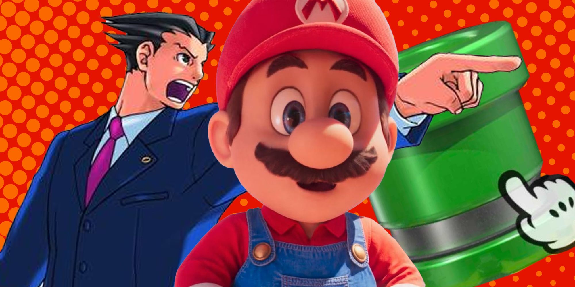 Ace Attorney pointing at a Mario Kart Tour Warp Pipe behind Mario from the Illumination movie who looks shocked