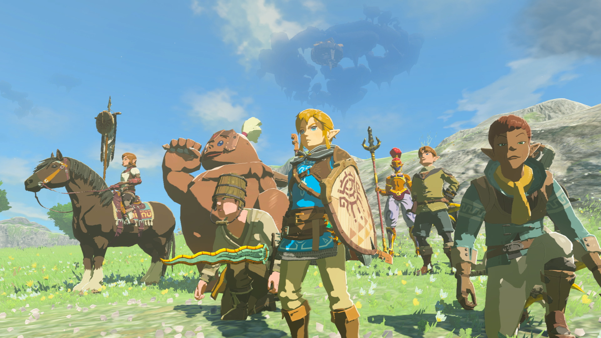 Link battling a monster stronghold with hylians, gerudo, and gorons 