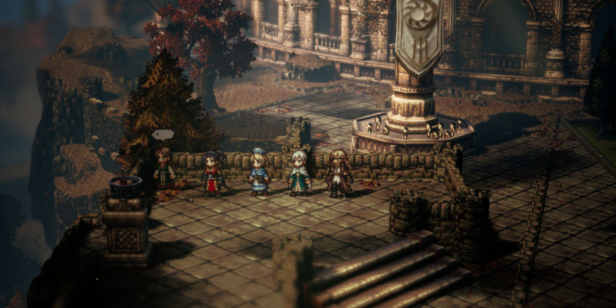 Octopath Traveler 2, Hikari, Castti, Osvald, and Temenos outside the Merry Hills Shrine next to a random npc on the far left