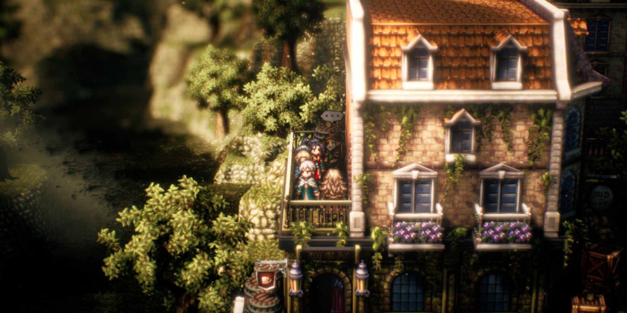 Octopath traveler 2, Hikari, Castti, Osvald, and Temenos standing on the balcony of Clockbank's Tavern next to an old man