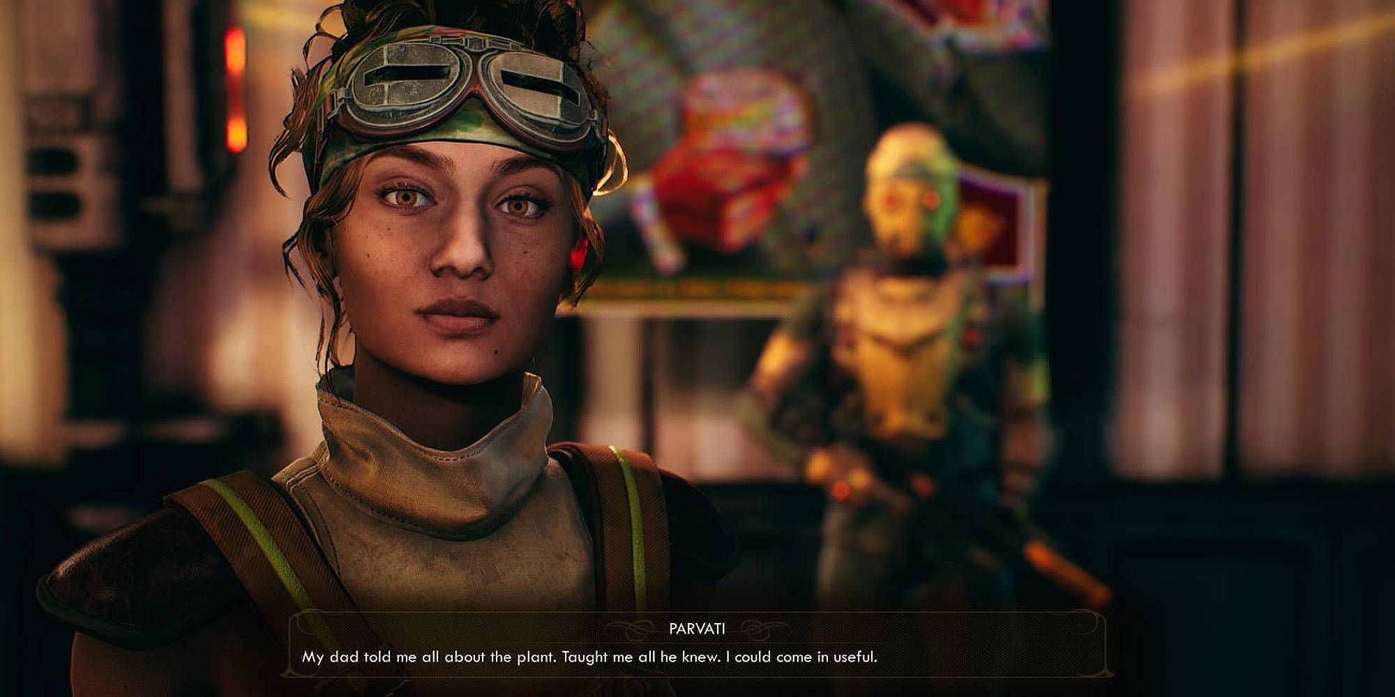 A brown skinned woman stares towards you as an armoured figure stands in the background in Outer Worlds