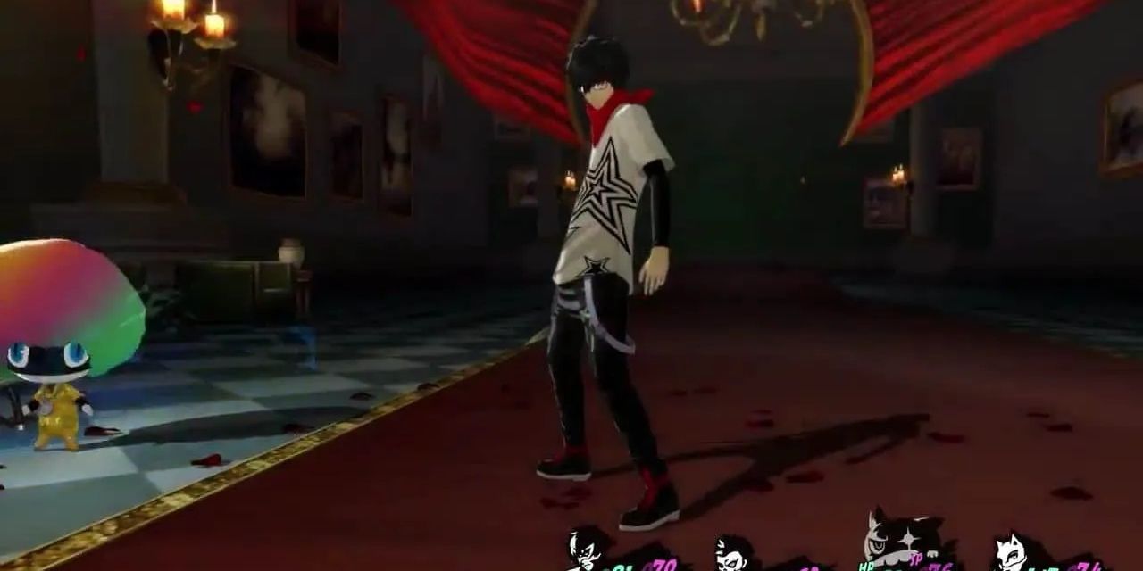 Joker and Morgana in their Dancing All Night costumes facing the camera during battle