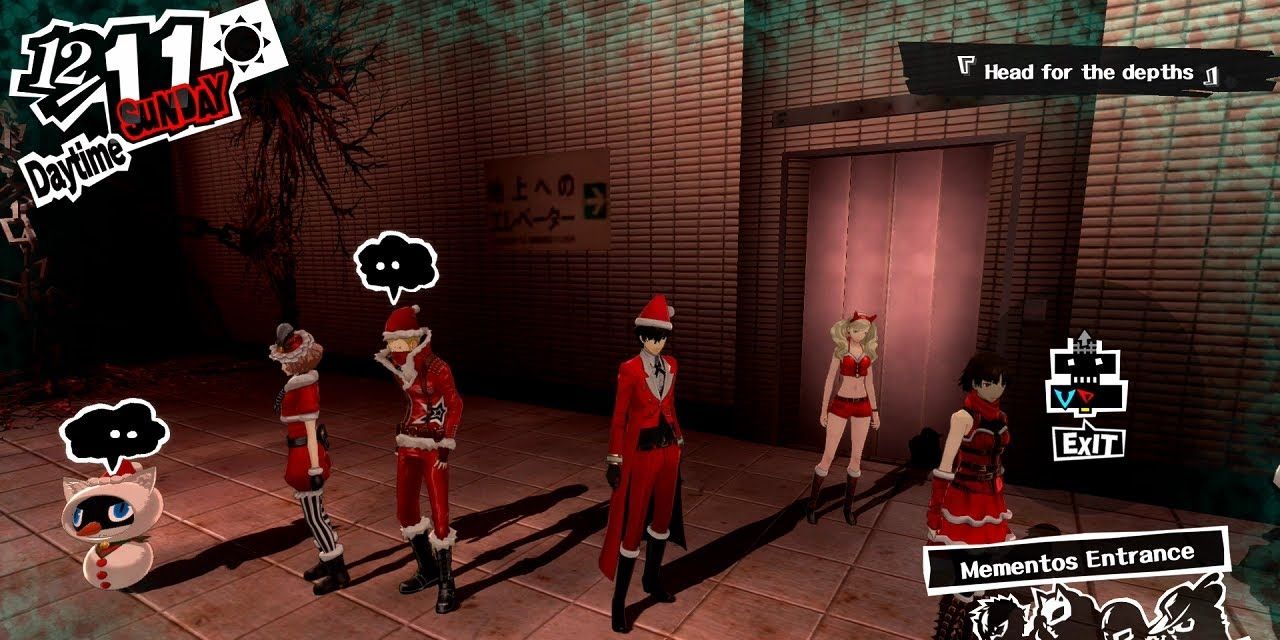 Joker, Morgana, Ann, Haru, Ryuji, and Makoto wearing their Christmas costumes in Mementos