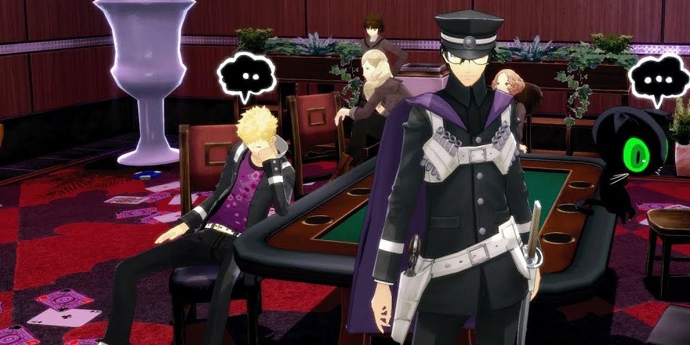 Joker, Ryuji, Ann, Makoto, Haru, and Morgana dressed as characters from Devil Summoner in a Safe Room
