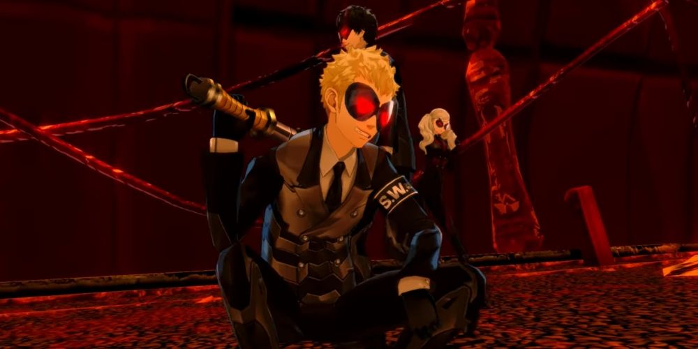 Joker, Ryuji, and Ann doing their victory animations in their Arena Ultimax costumes