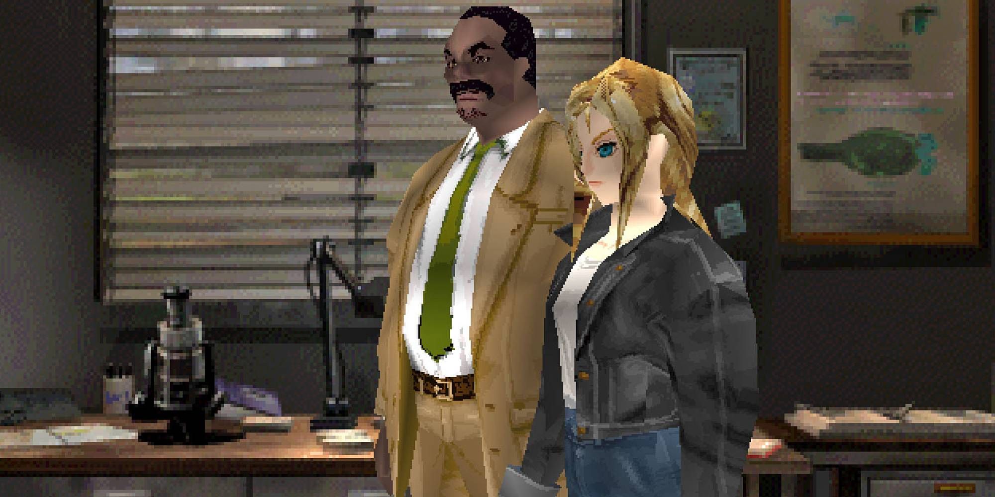 A woman and a man in an office in Parasite Eve